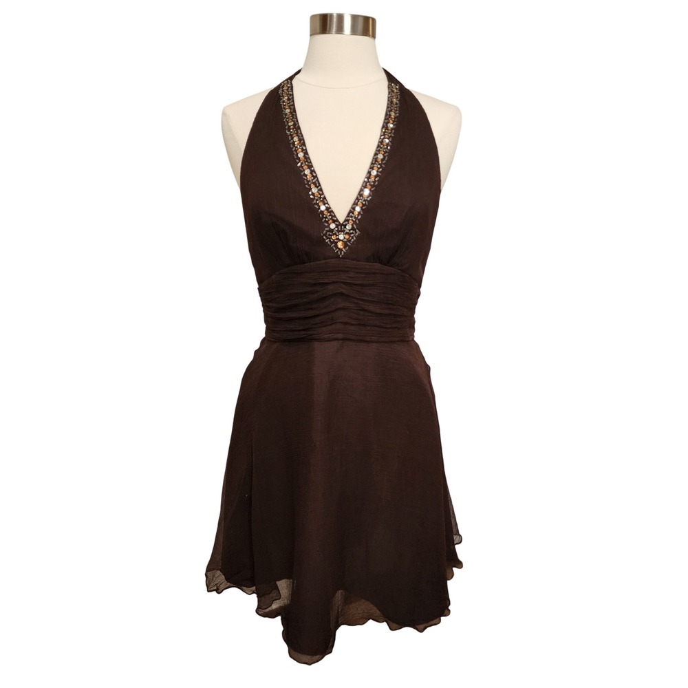 Signature by Robbie Bee 100% Silk Halter Dress Y2K Sequin Chocolate Brown size 8